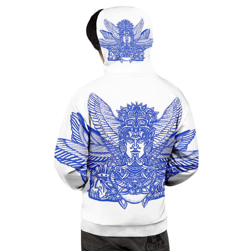 Mayan Statue White And Blue Print Men's Hoodie-grizzshop
