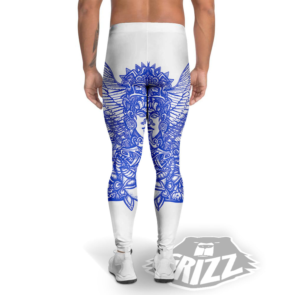 Mayan Statue White And Blue Print Men's Leggings-grizzshop