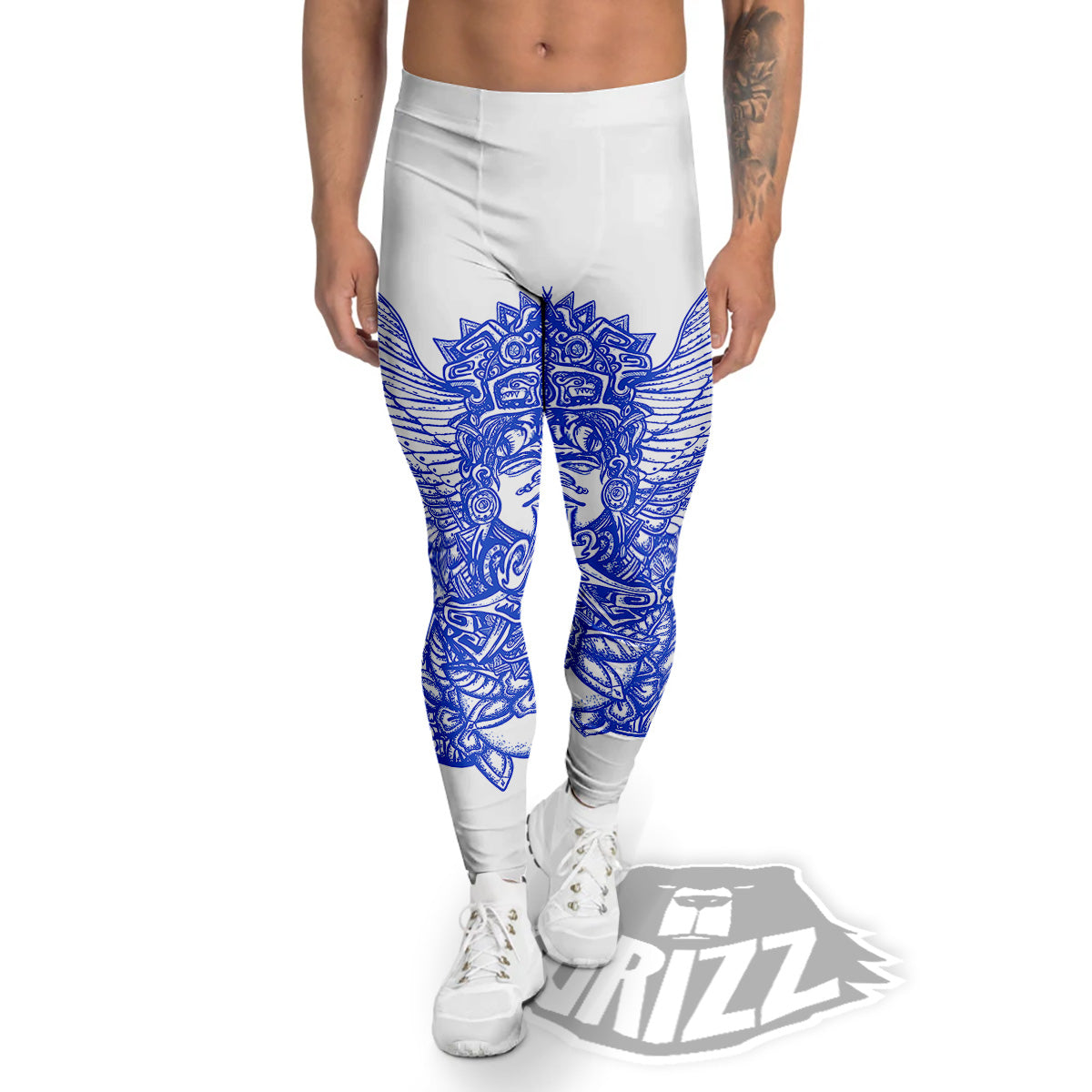 Mayan Statue White And Blue Print Men's Leggings-grizzshop