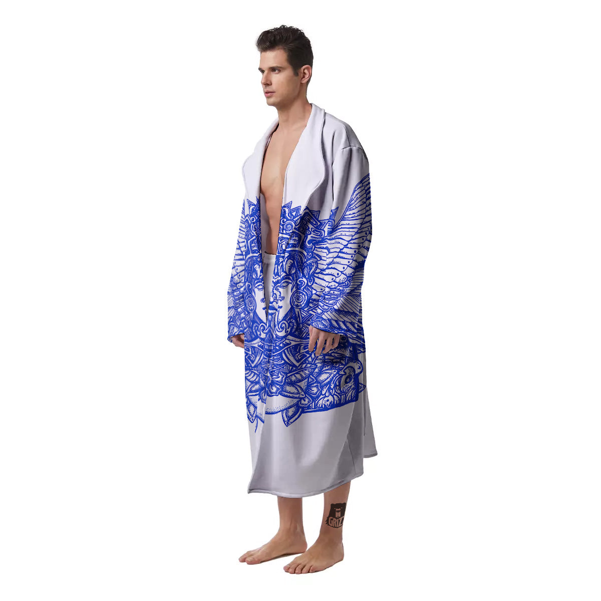 Mayan Statue White And Blue Print Men's Robe-grizzshop
