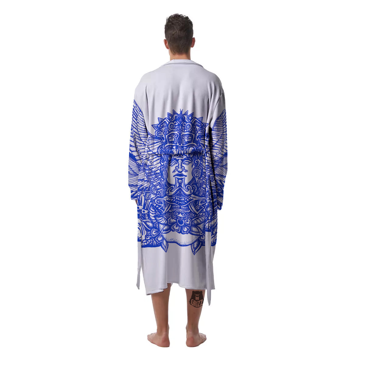 Mayan Statue White And Blue Print Men's Robe-grizzshop