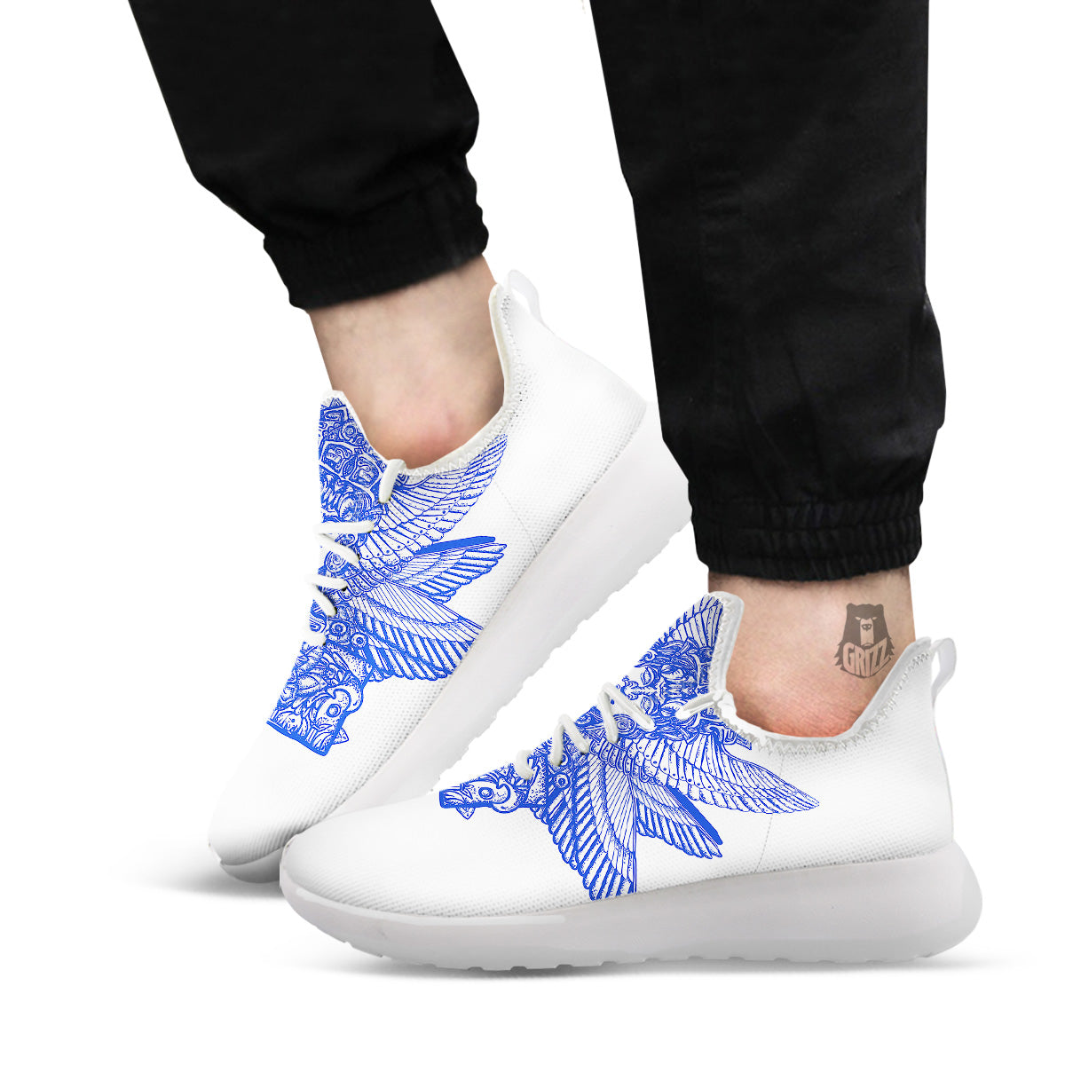 Mayan Statue White And Blue Print White Athletic Shoes-grizzshop