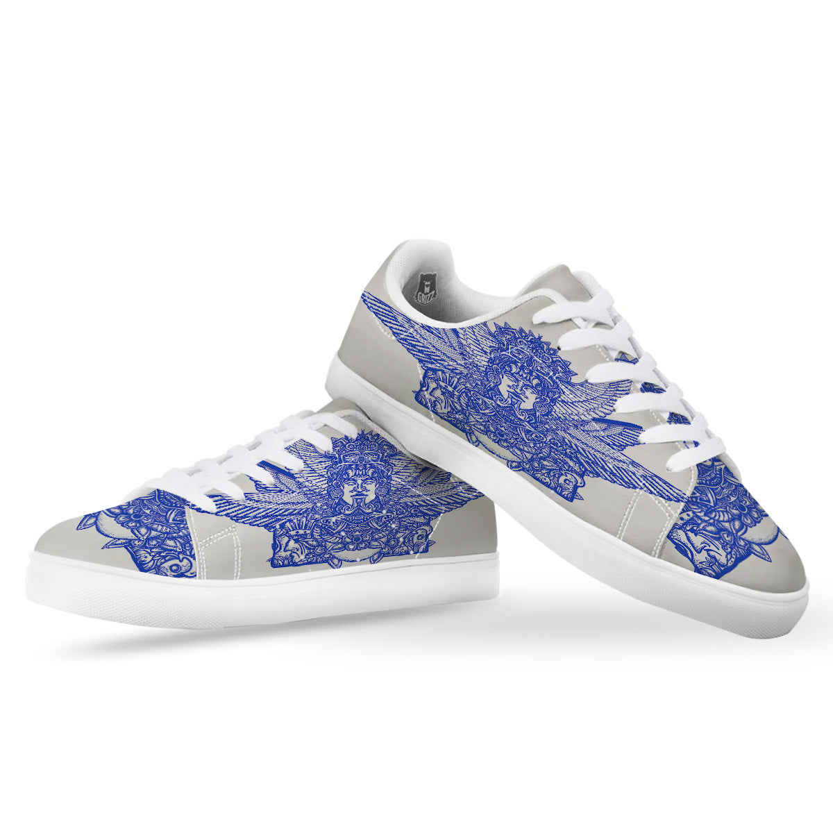 Mayan Statue White And Blue Print White Low Top Sneakers-grizzshop