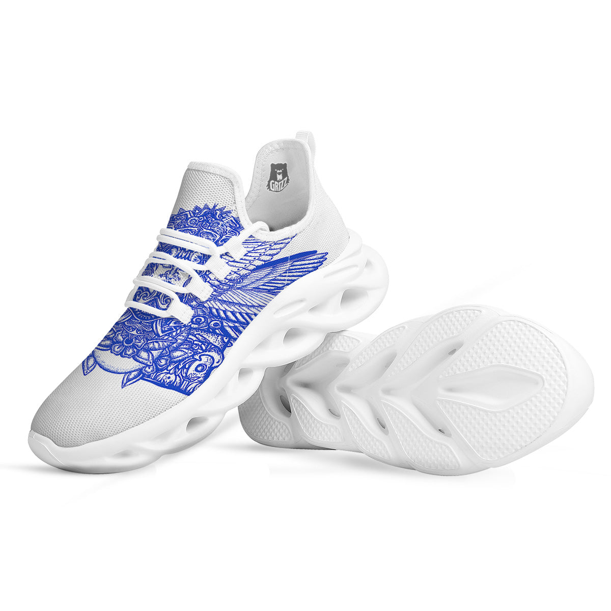 Mayan Statue White And Blue Print White Running Shoes-grizzshop
