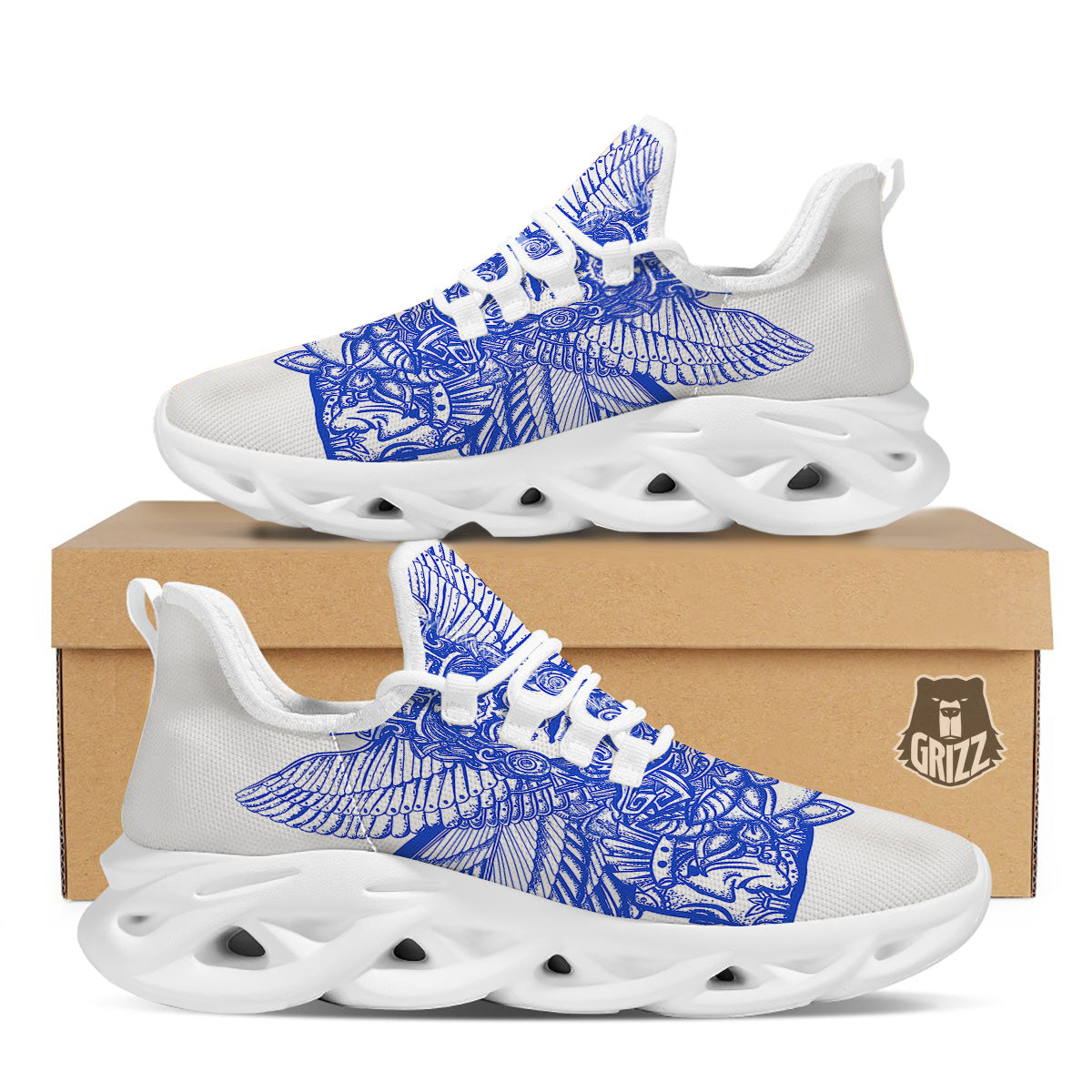 Mayan Statue White And Blue Print White Running Shoes-grizzshop