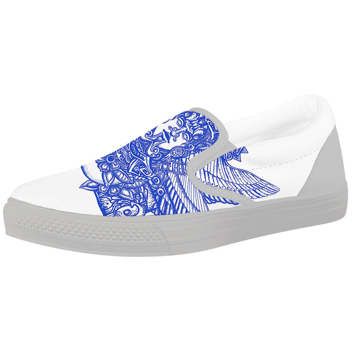 Mayan Statue White And Blue Print White Slip On Shoes-grizzshop