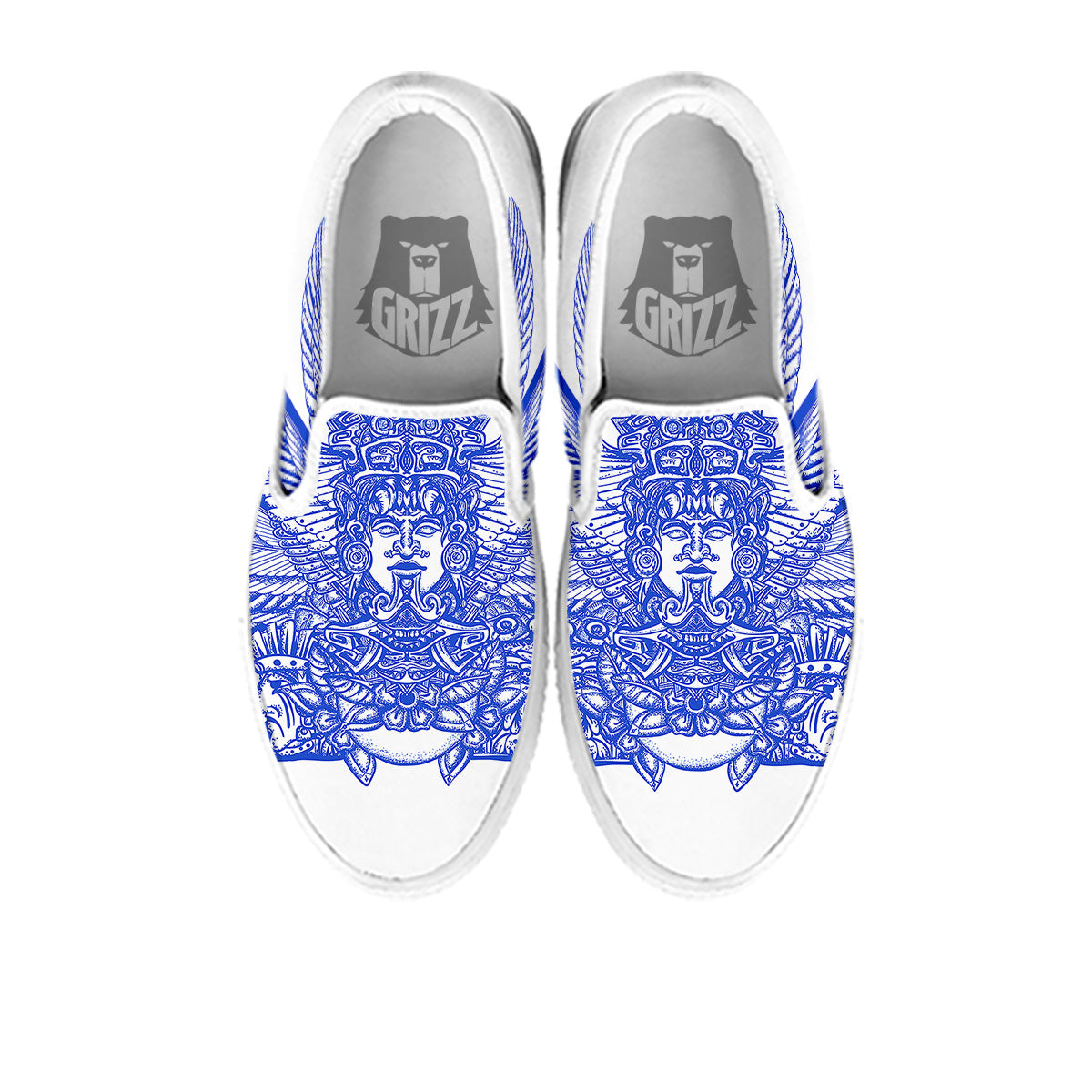 Mayan Statue White And Blue Print White Slip On Shoes-grizzshop