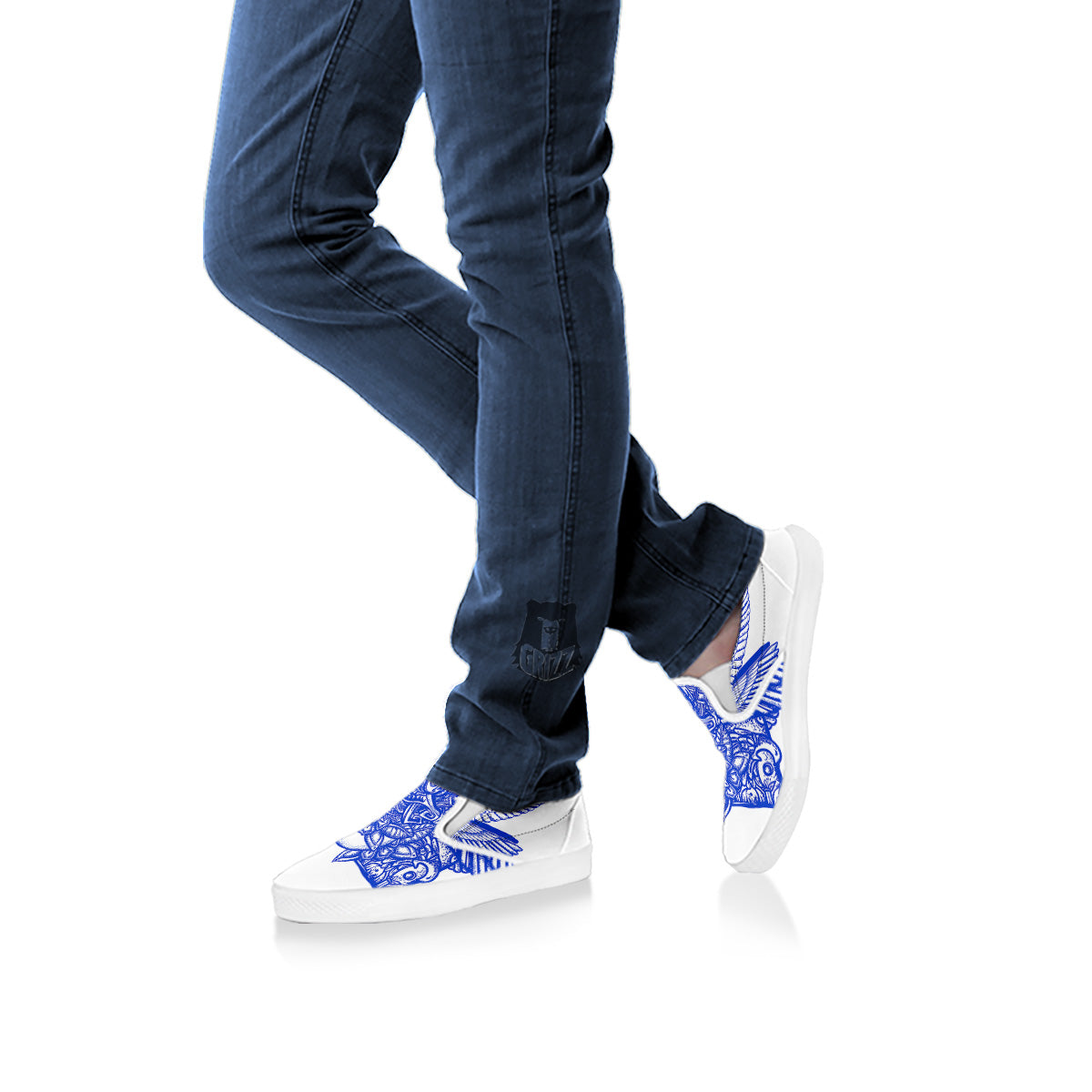 Mayan Statue White And Blue Print White Slip On Shoes-grizzshop