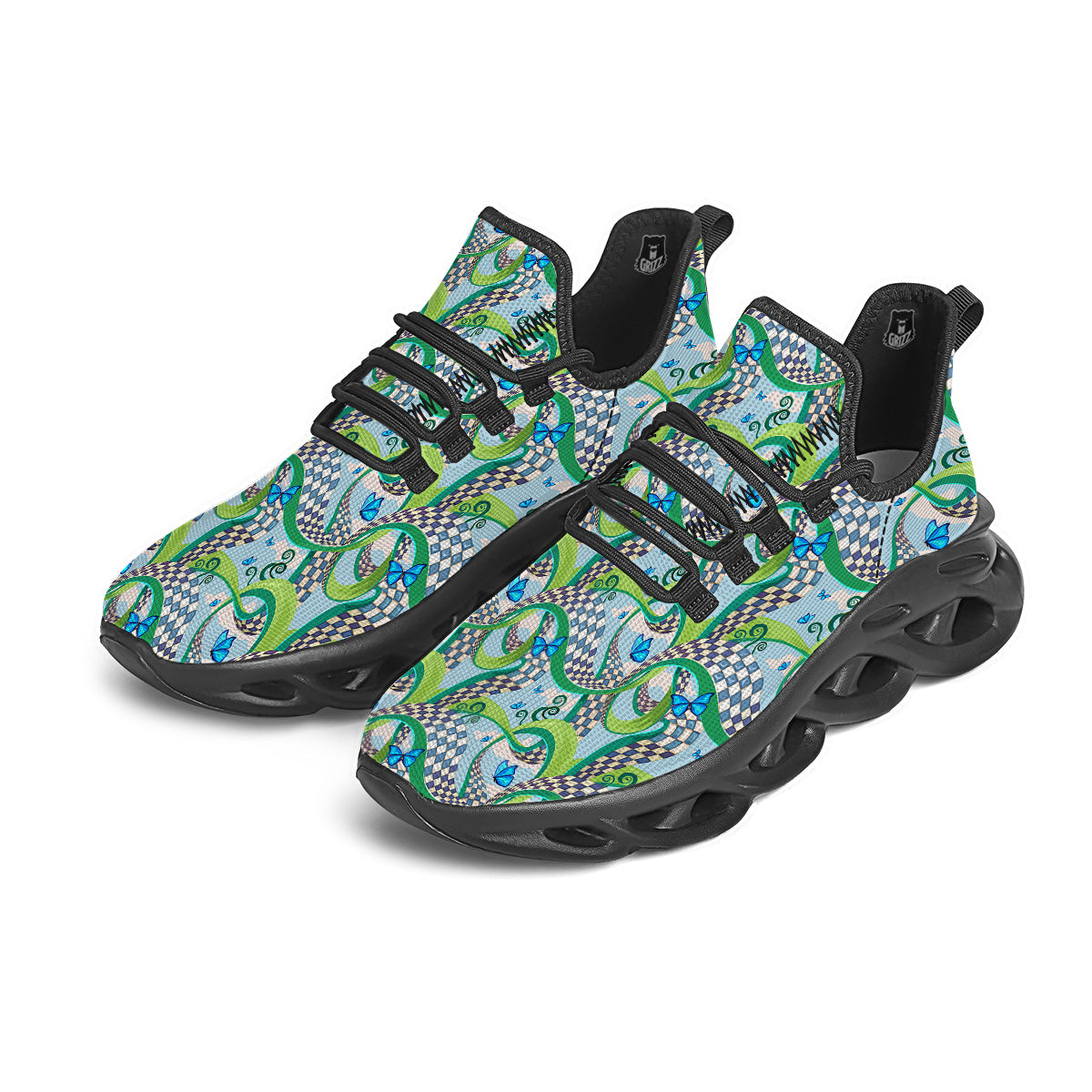Maze Checkered Print Pattern Black Running Shoes-grizzshop