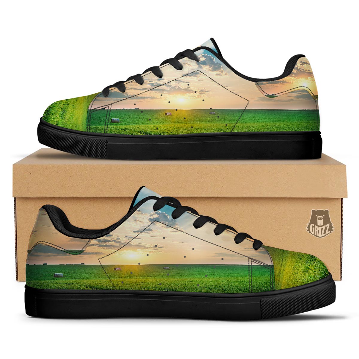 Meadow Sunrise Print Black Low Top Sneakers-grizzshop
