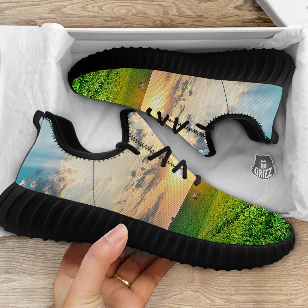 Meadow Sunrise Print Black Walking Shoes-grizzshop