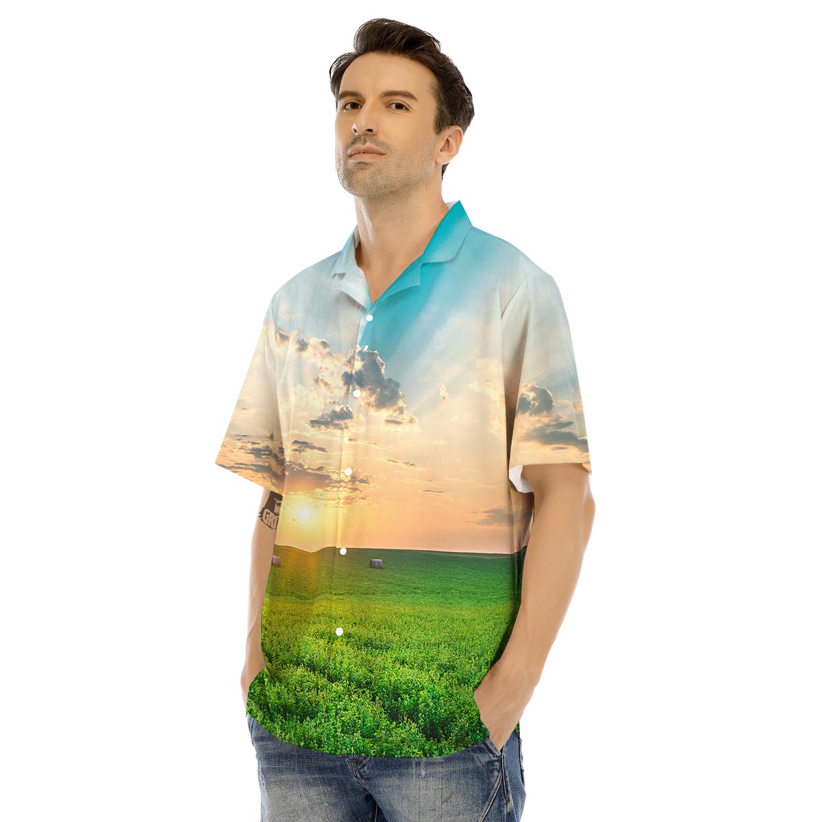 Meadow Sunrise Print Men's Hawaiian Shirt-grizzshop