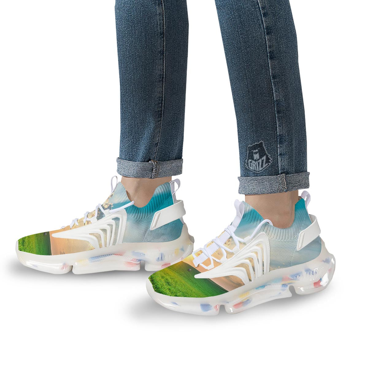 Meadow Sunrise Print White Gym Shoes-grizzshop