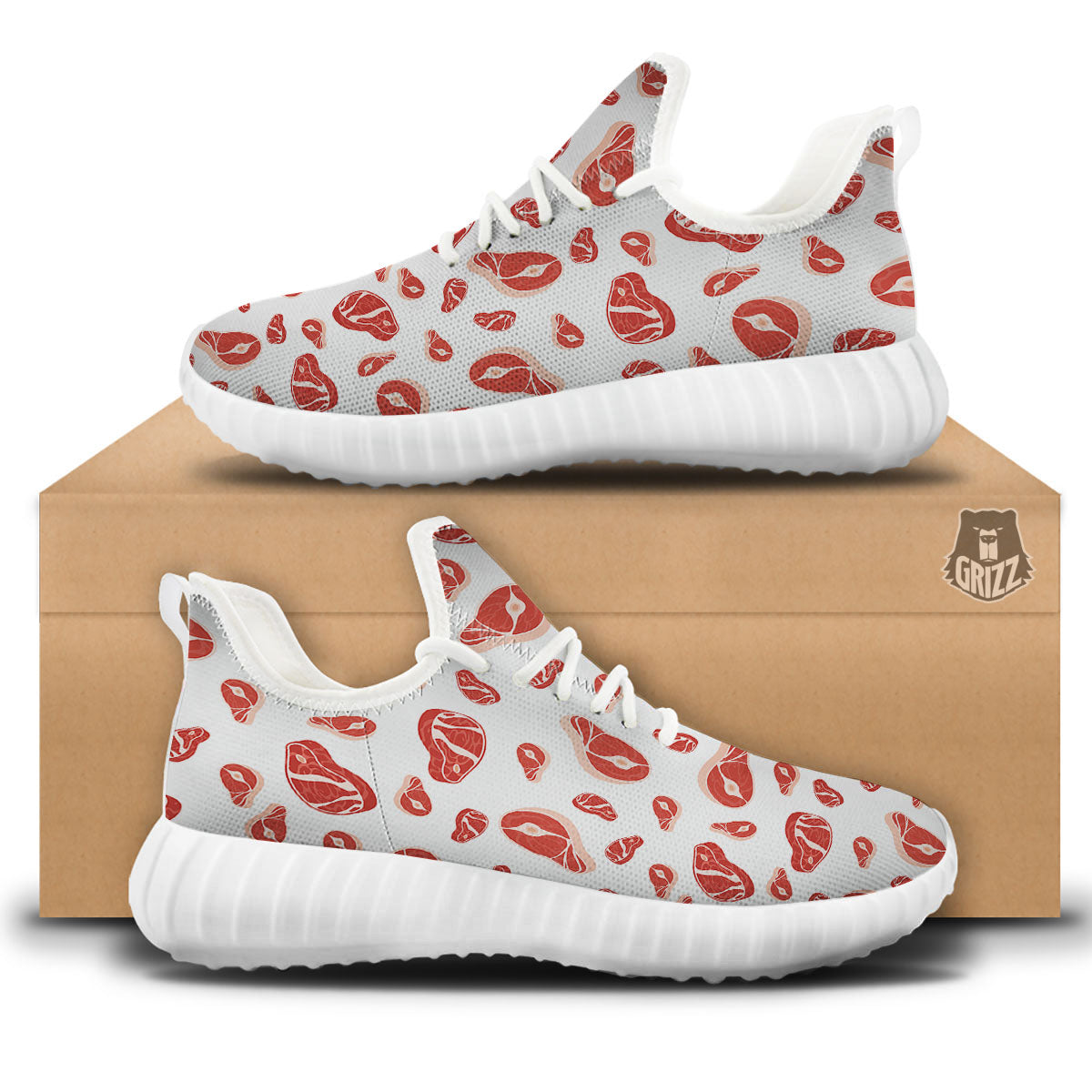 Meat Print Pattern White Walking Shoes-grizzshop
