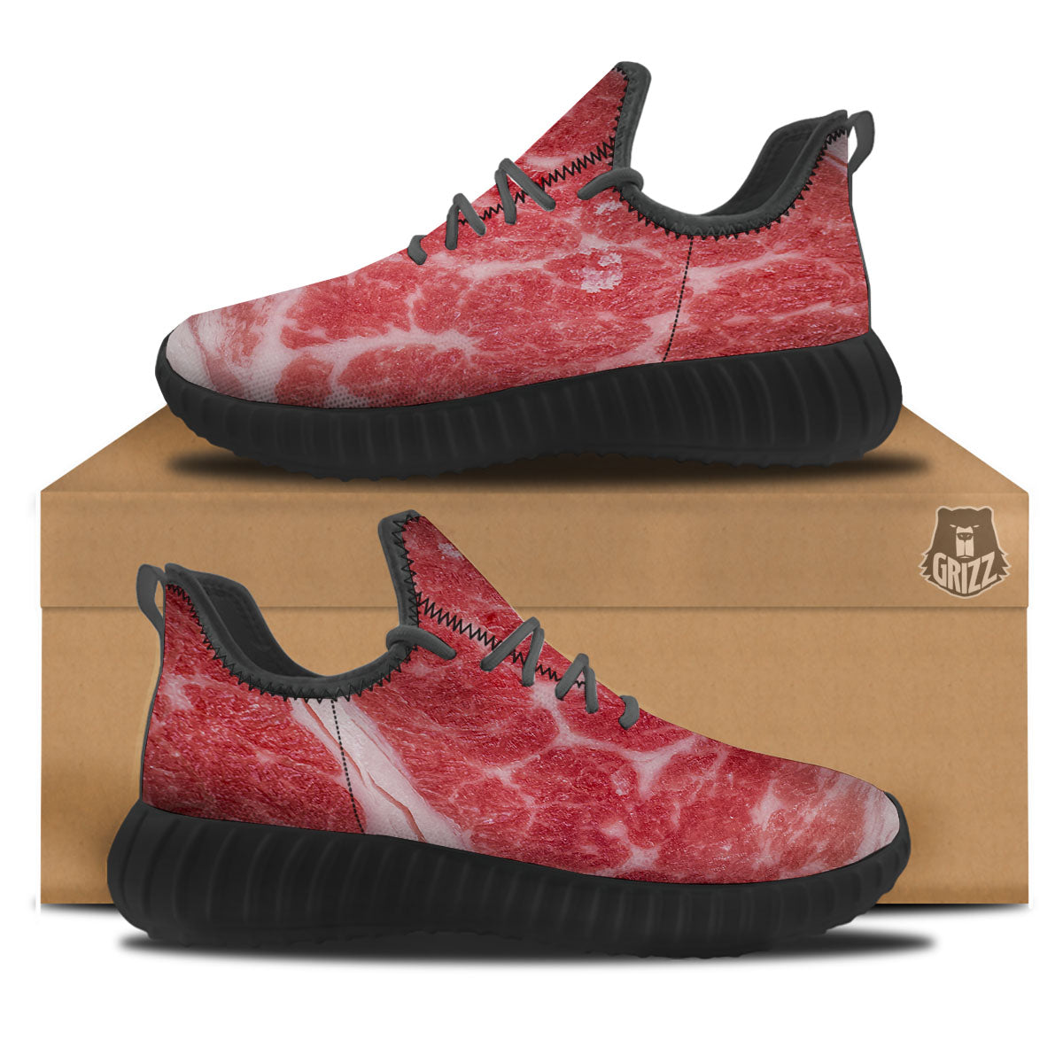 Meat Wagyu Beef Print Black Walking Shoes