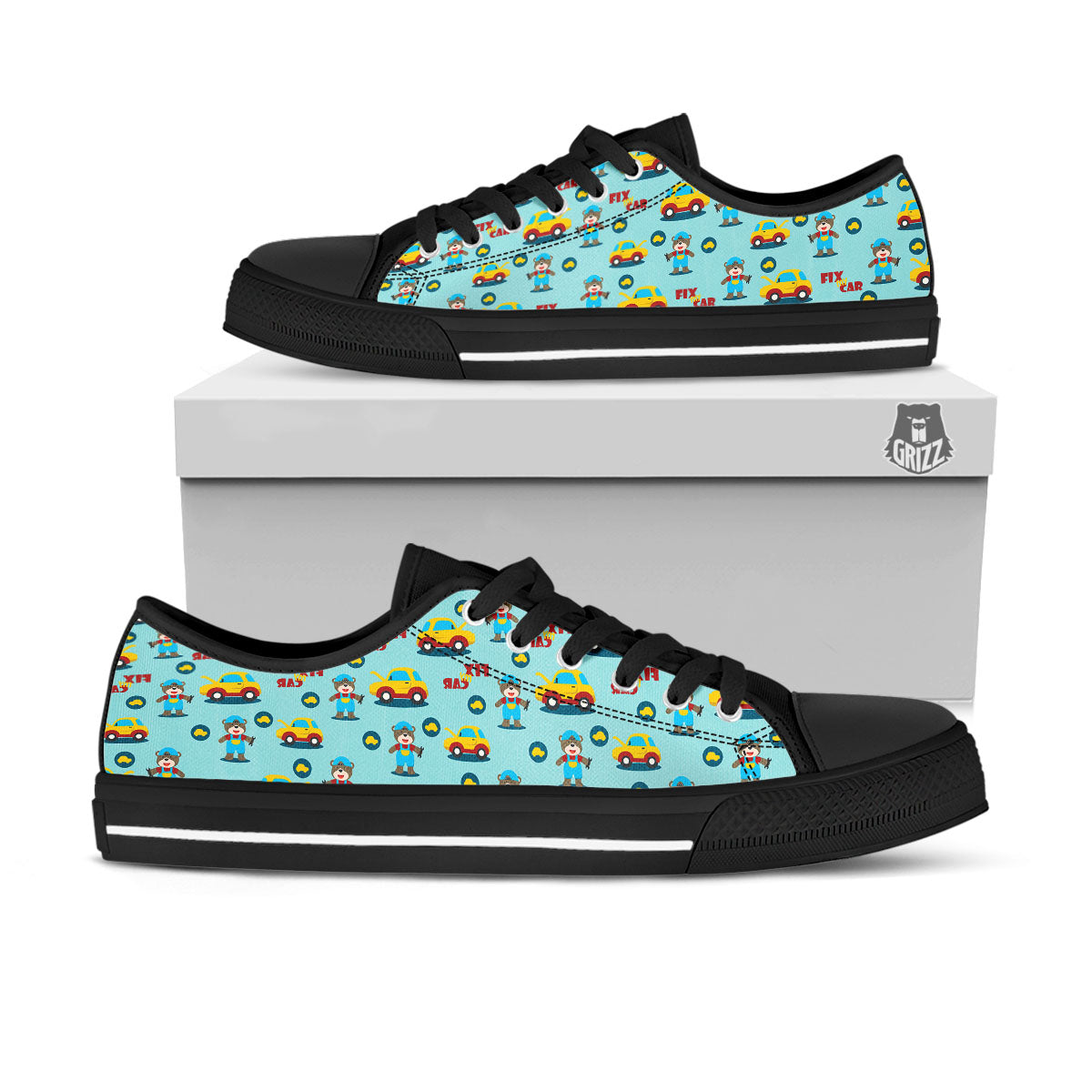 Mechanic Cartoon Print Pattern Black Low Top Shoes-grizzshop