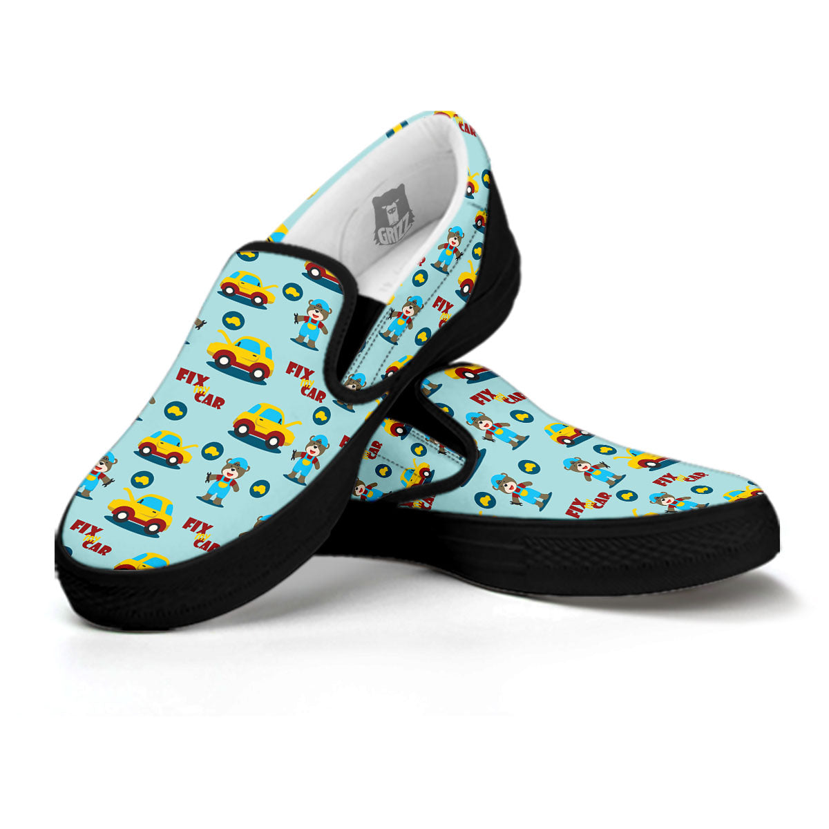 Mechanic Cartoon Print Pattern Black Slip On Shoes-grizzshop