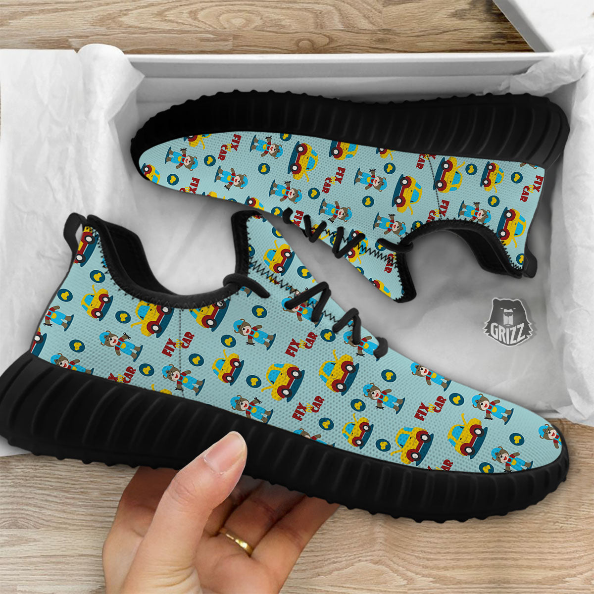 Mechanic Cartoon Print Pattern Black Walking Shoes-grizzshop