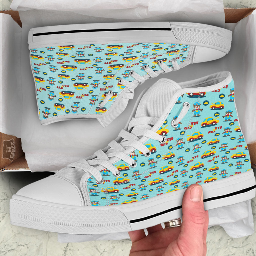 Mechanic Cartoon Print Pattern White High Top Shoes-grizzshop