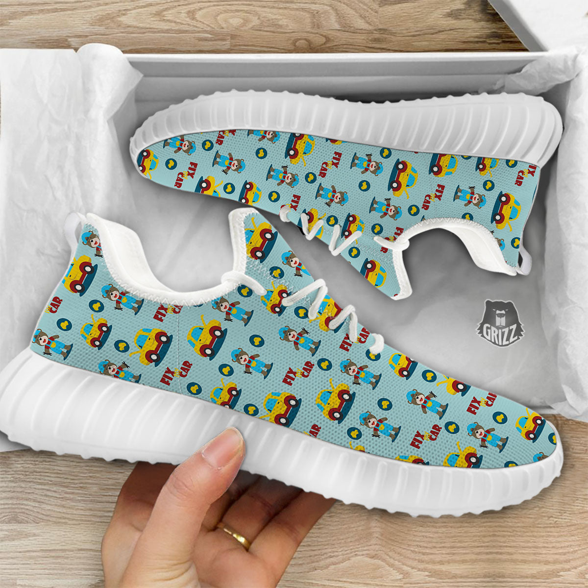 Mechanic Cartoon Print Pattern White Walking Shoes-grizzshop