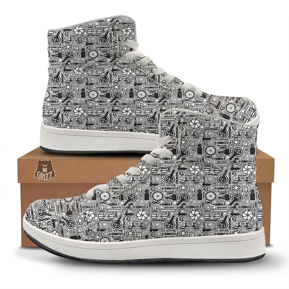 Mechanic White And Black Print Pattern High Top Sneakers-grizzshop
