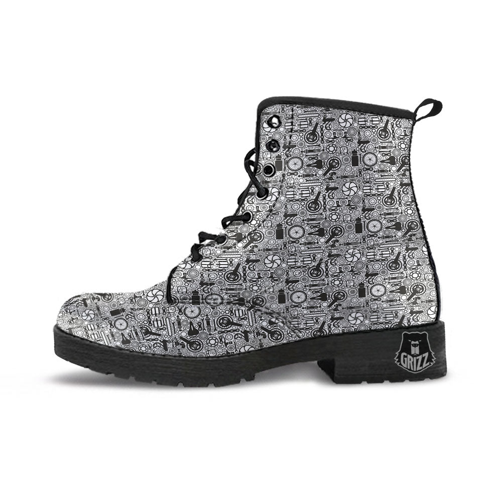 Mechanic White And Black Print Pattern Leather Boots-grizzshop