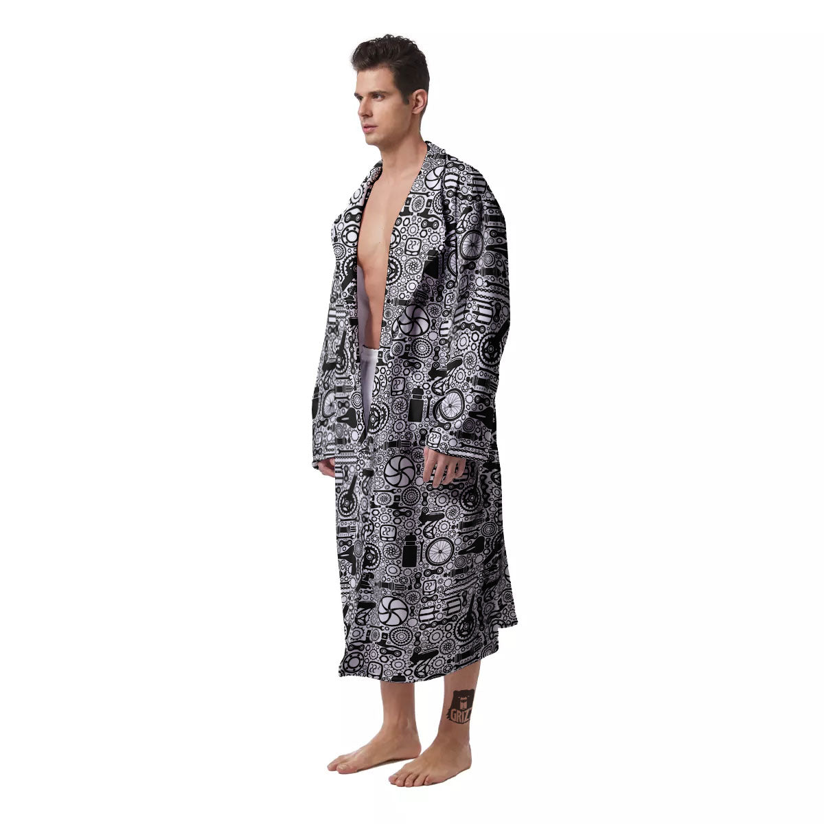 Mechanic White And Black Print Pattern Men's Robe-grizzshop