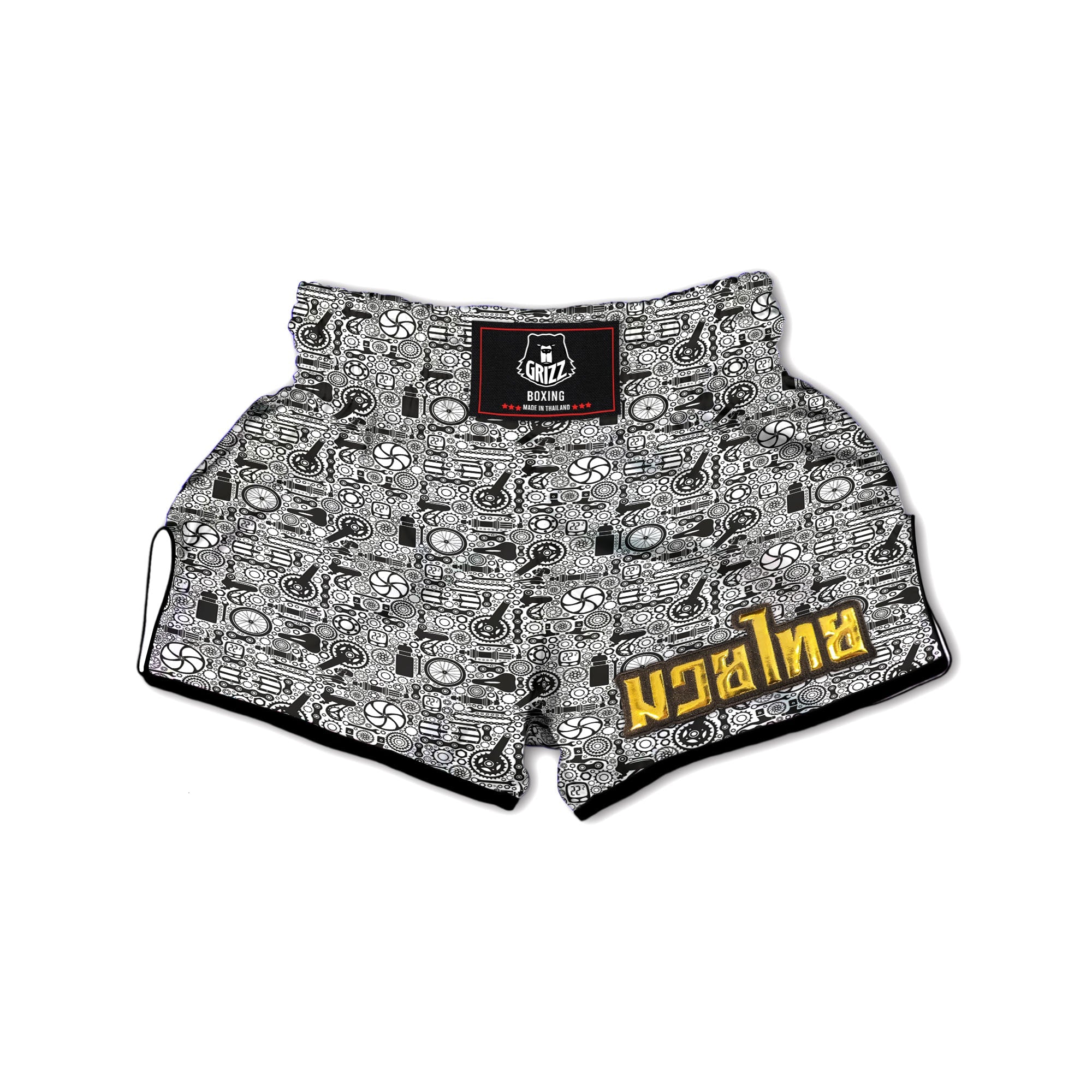 Mechanic White And Black Print Pattern Muay Thai Boxing Shorts-grizzshop