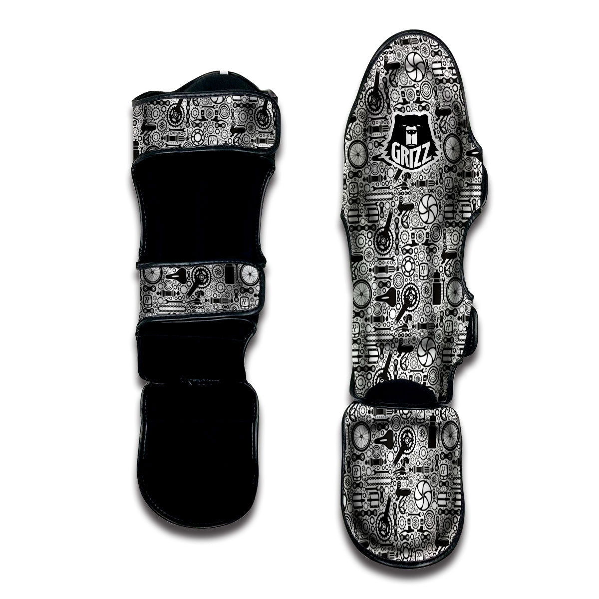 Mechanic White And Black Print Pattern Muay Thai Shin Guards-grizzshop