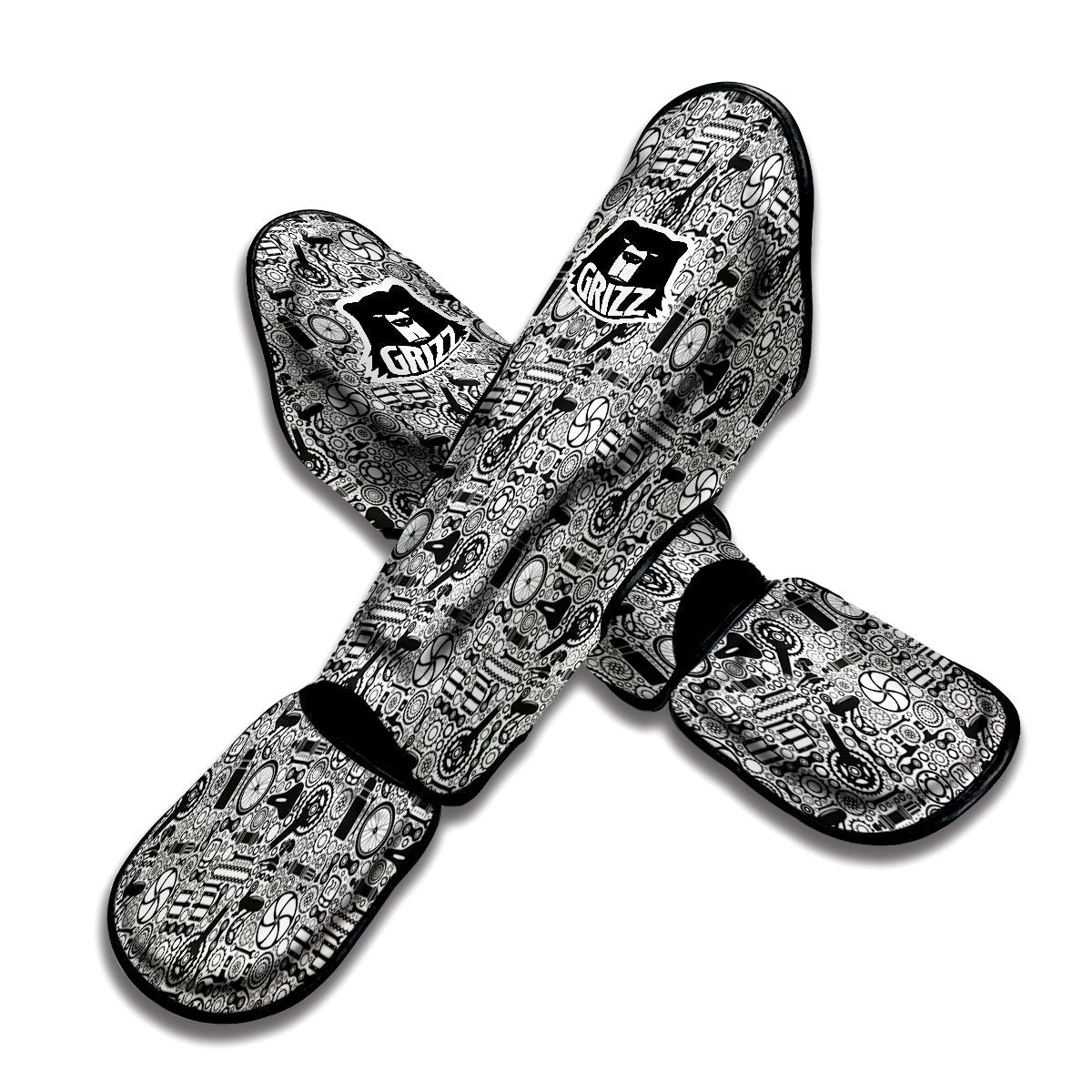 Mechanic White And Black Print Pattern Muay Thai Shin Guards-grizzshop