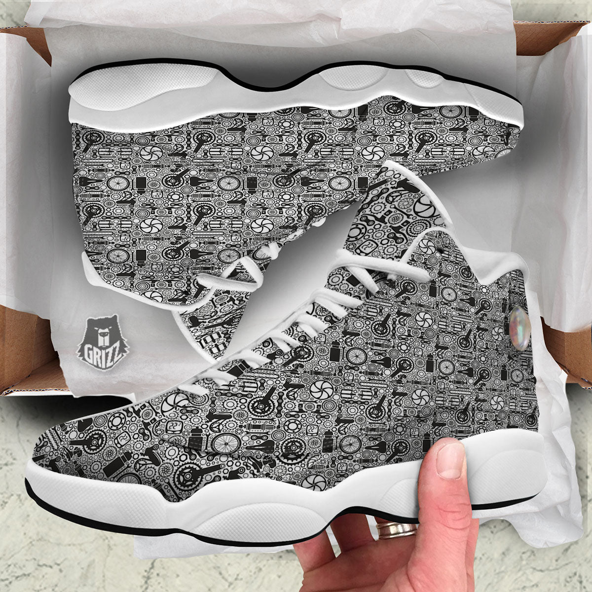 Mechanic White And Black Print Pattern White Basketball Shoes-grizzshop