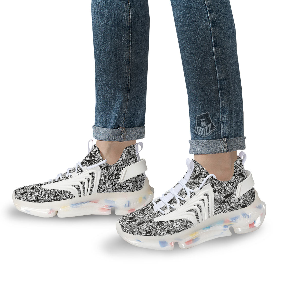 Mechanic White And Black Print Pattern White Gym Shoes-grizzshop