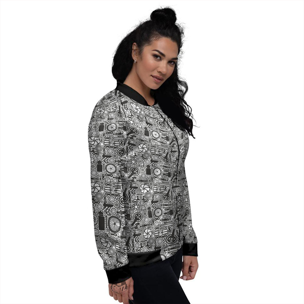 Mechanic White And Black Print Pattern Women's Bomber Jacket-grizzshop