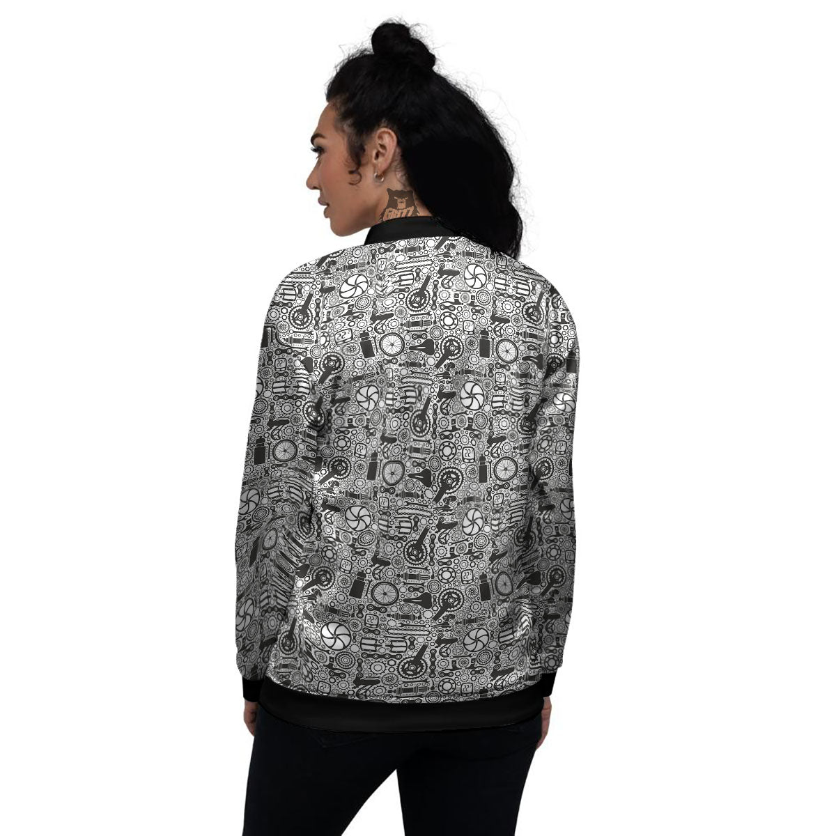 Mechanic White And Black Print Pattern Women's Bomber Jacket-grizzshop