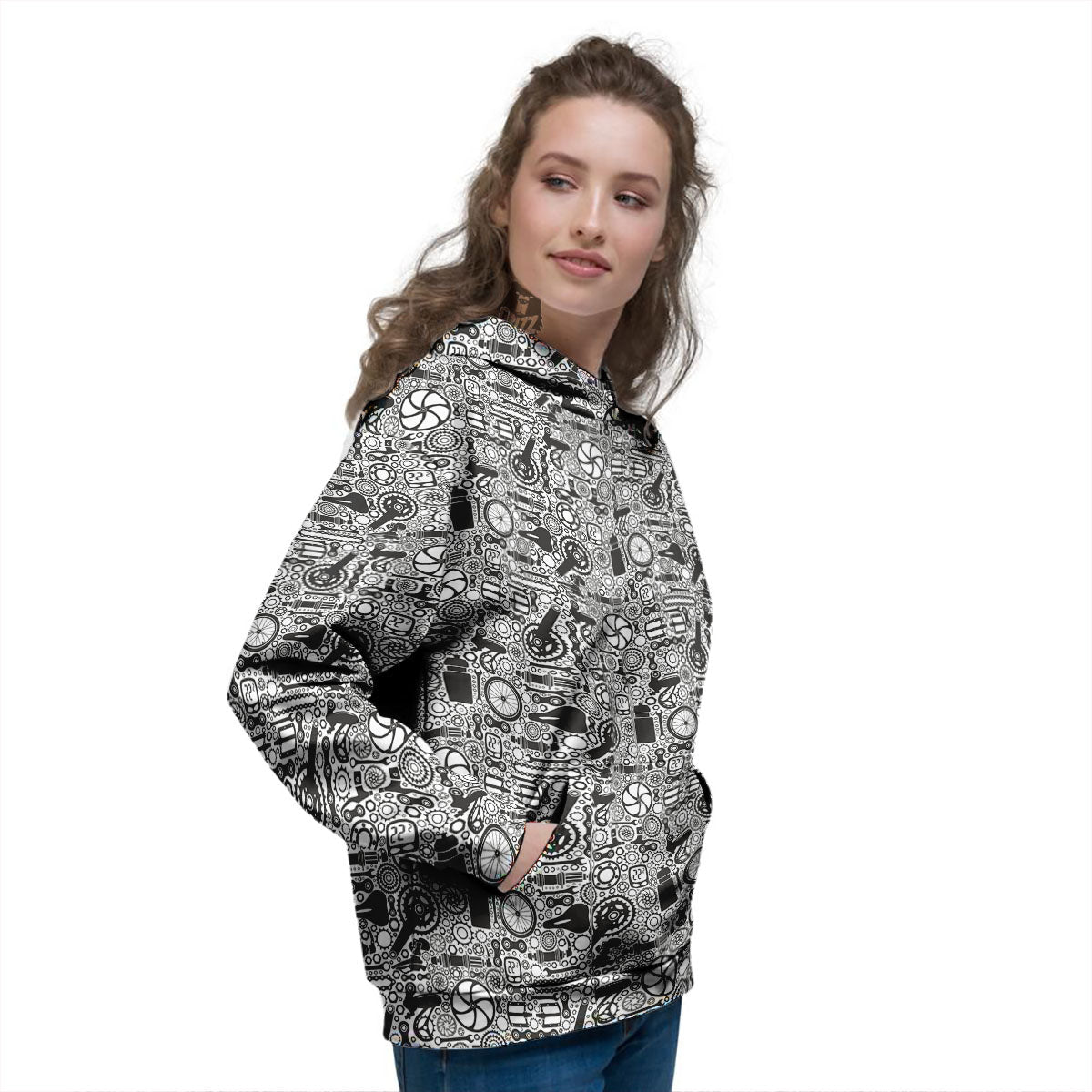 Mechanic White And Black Print Pattern Women's Hoodie-grizzshop