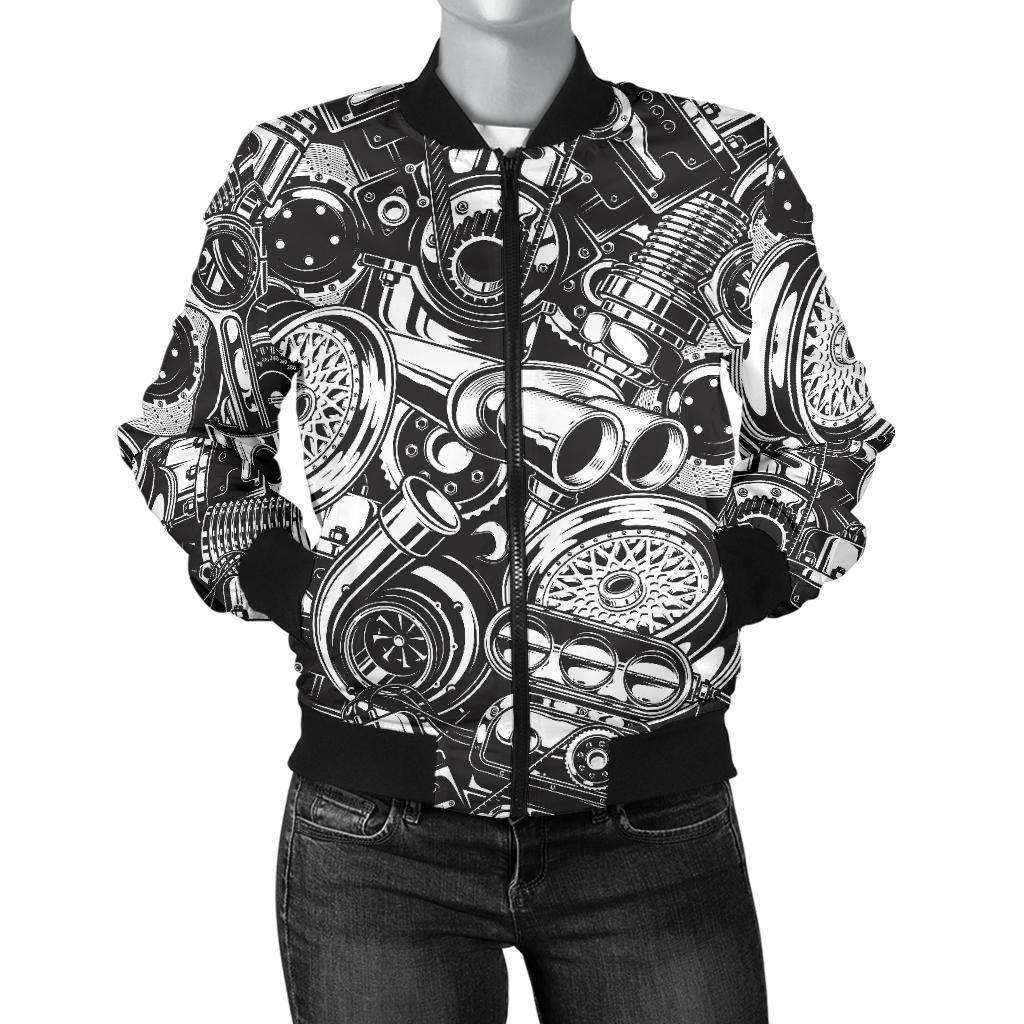 Mechanic Pattern Print Women Casual Bomber Jacket-grizzshop