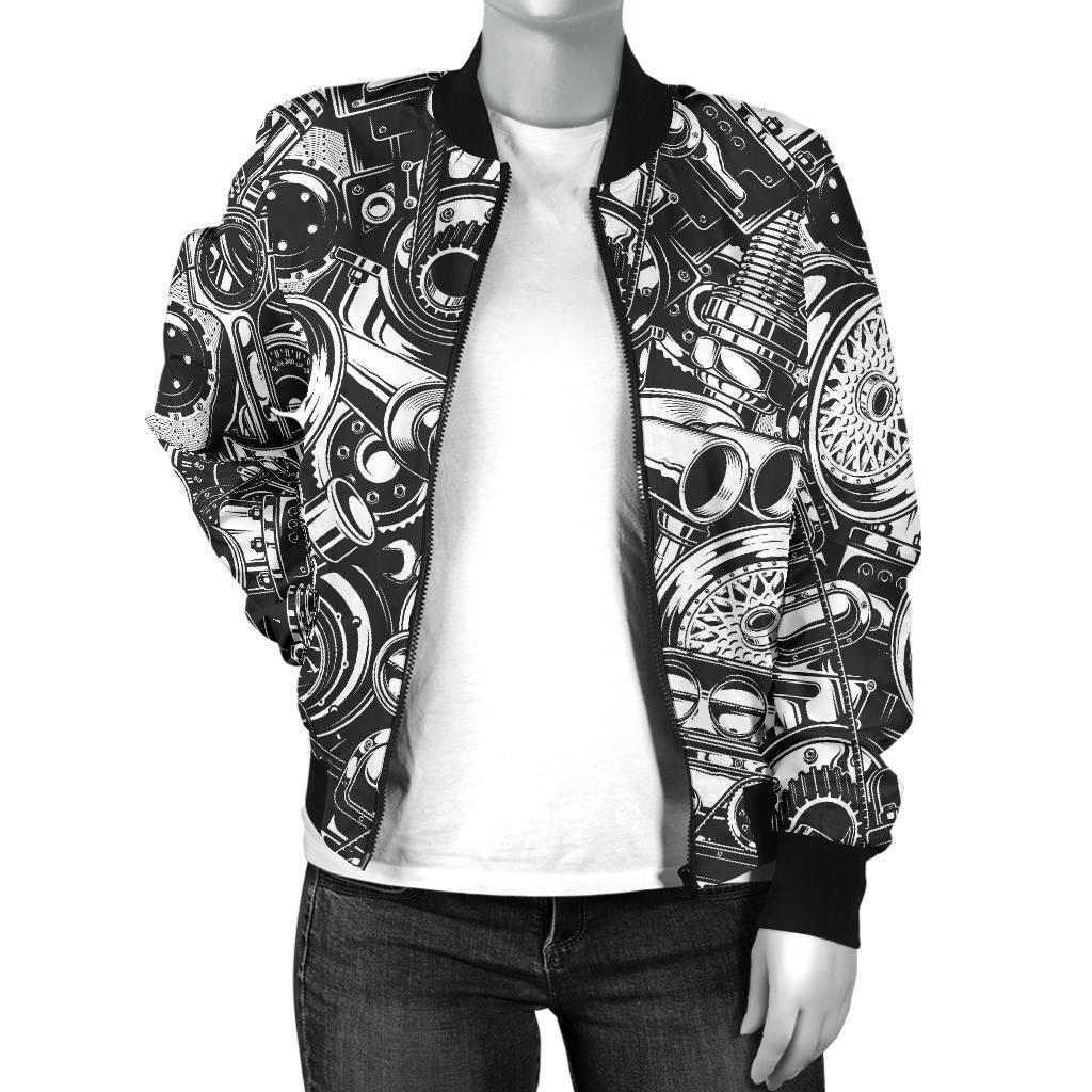 Mechanic Pattern Print Women Casual Bomber Jacket-grizzshop