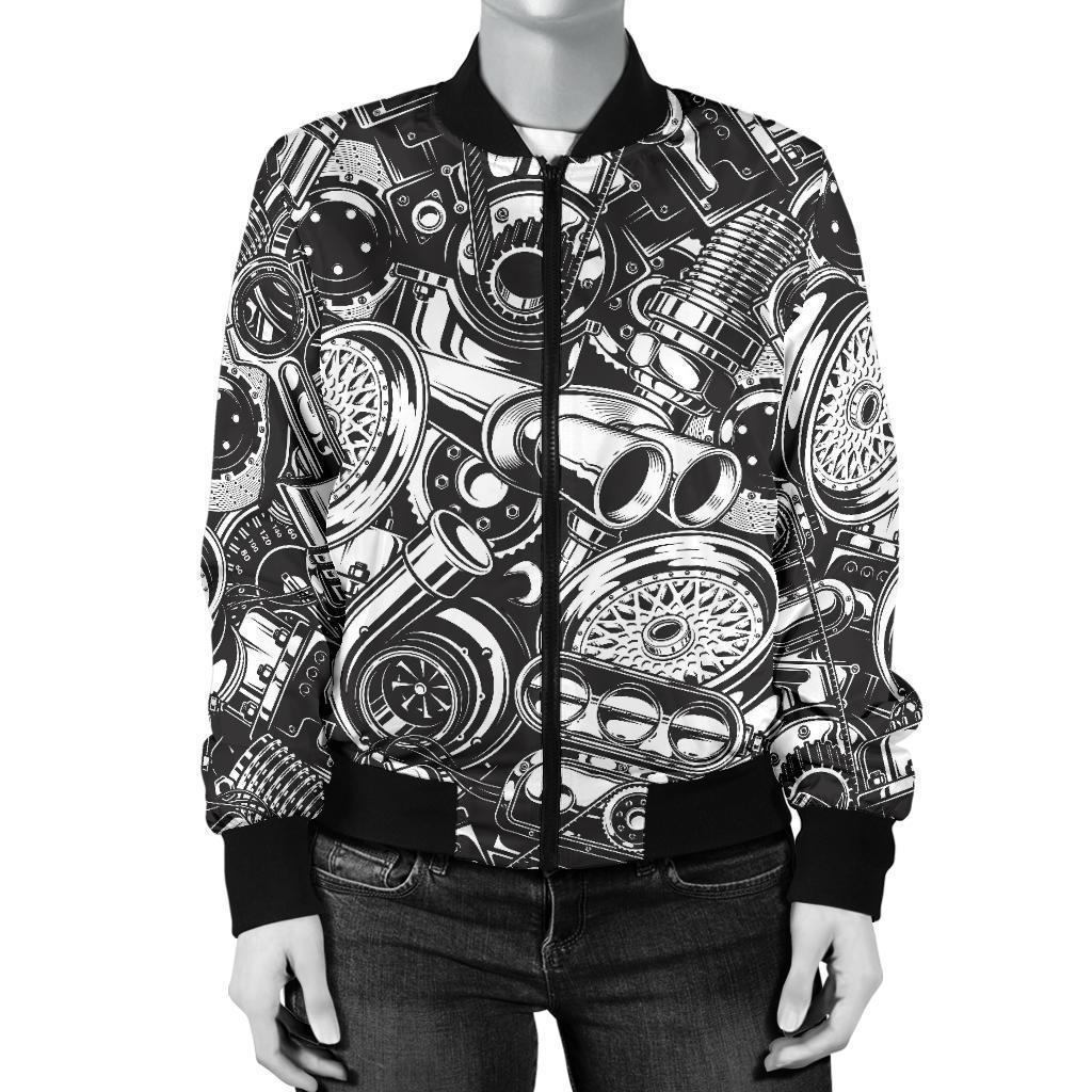 Mechanic Pattern Print Women Casual Bomber Jacket-grizzshop