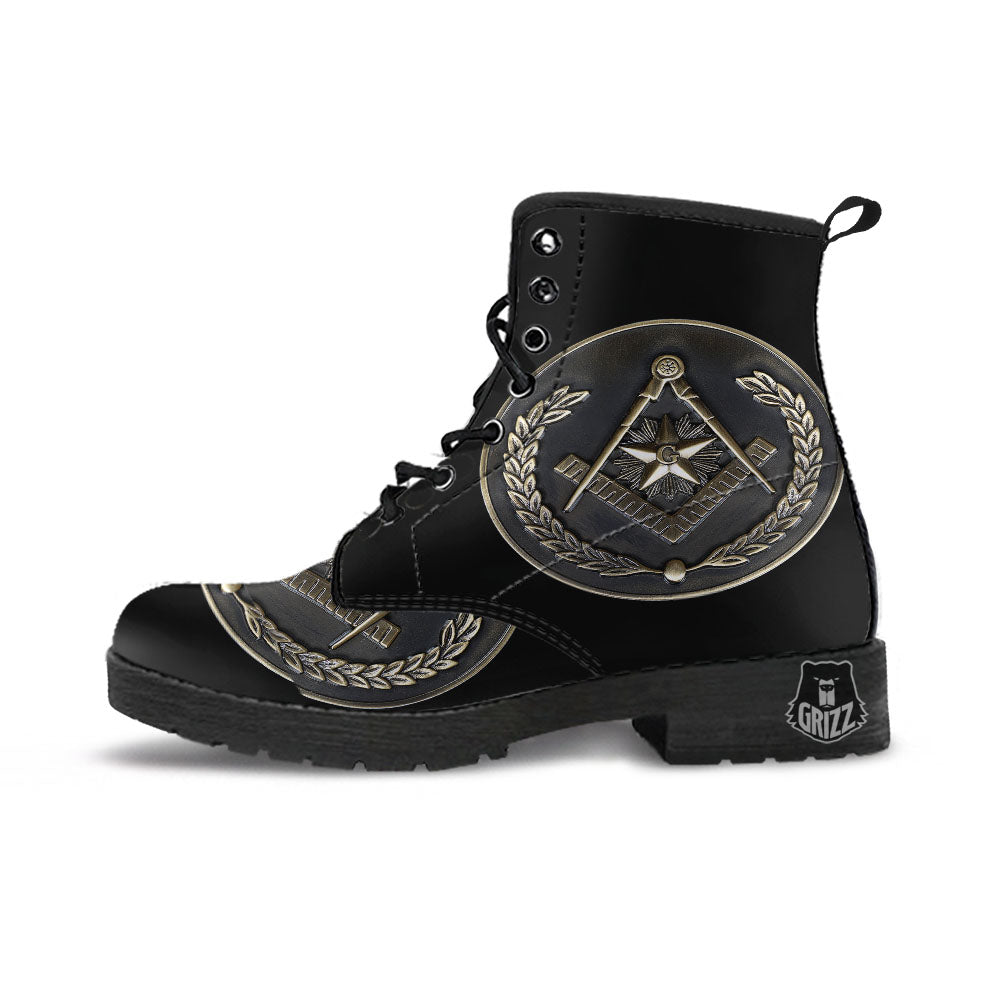 Medal Freemasonry Print Leather Boots-grizzshop