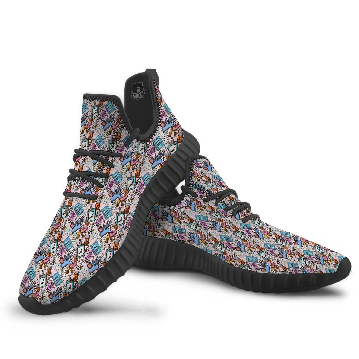 Medical Colorful Print Pattern Black Walking Shoes-grizzshop