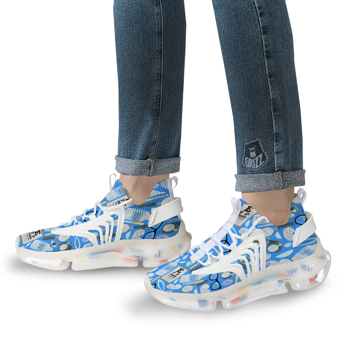 Medical Optometry Accessory Blue Print Pattern White Gym Shoes-grizzshop