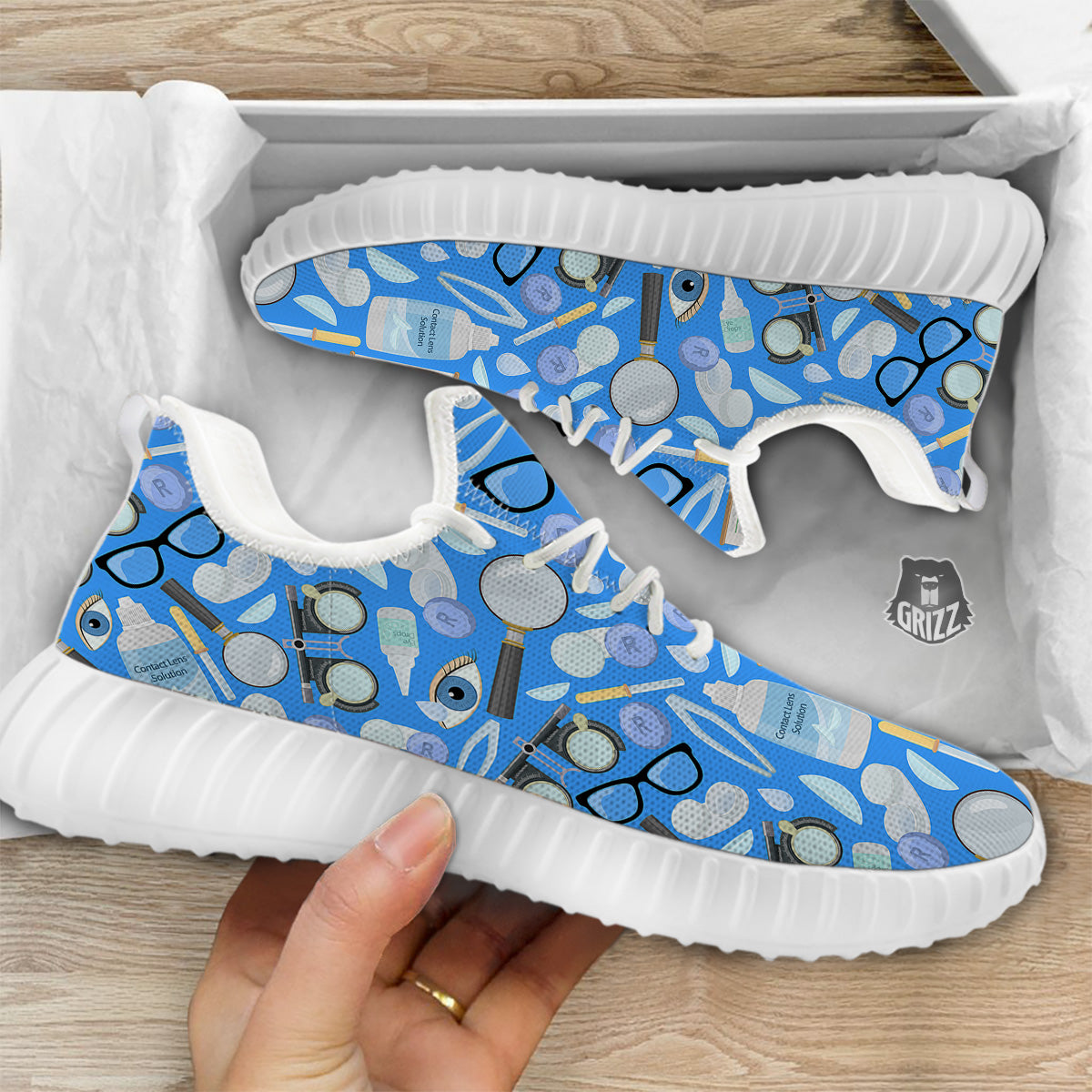 Medical Optometry Accessory Blue Print Pattern White Walking Shoes-grizzshop