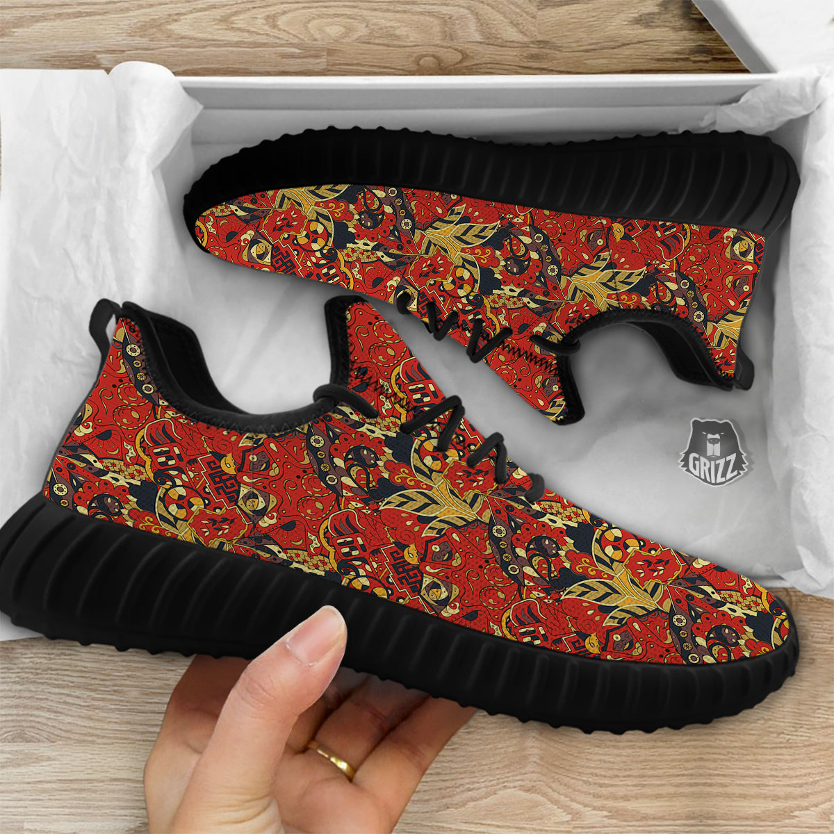 Mehndi Ethnic Doodle Print Pattern Black Walking Shoes-grizzshop