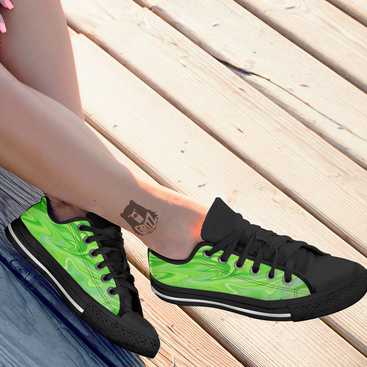 Melt Acid Green Print Black Low Top Shoes-grizzshop