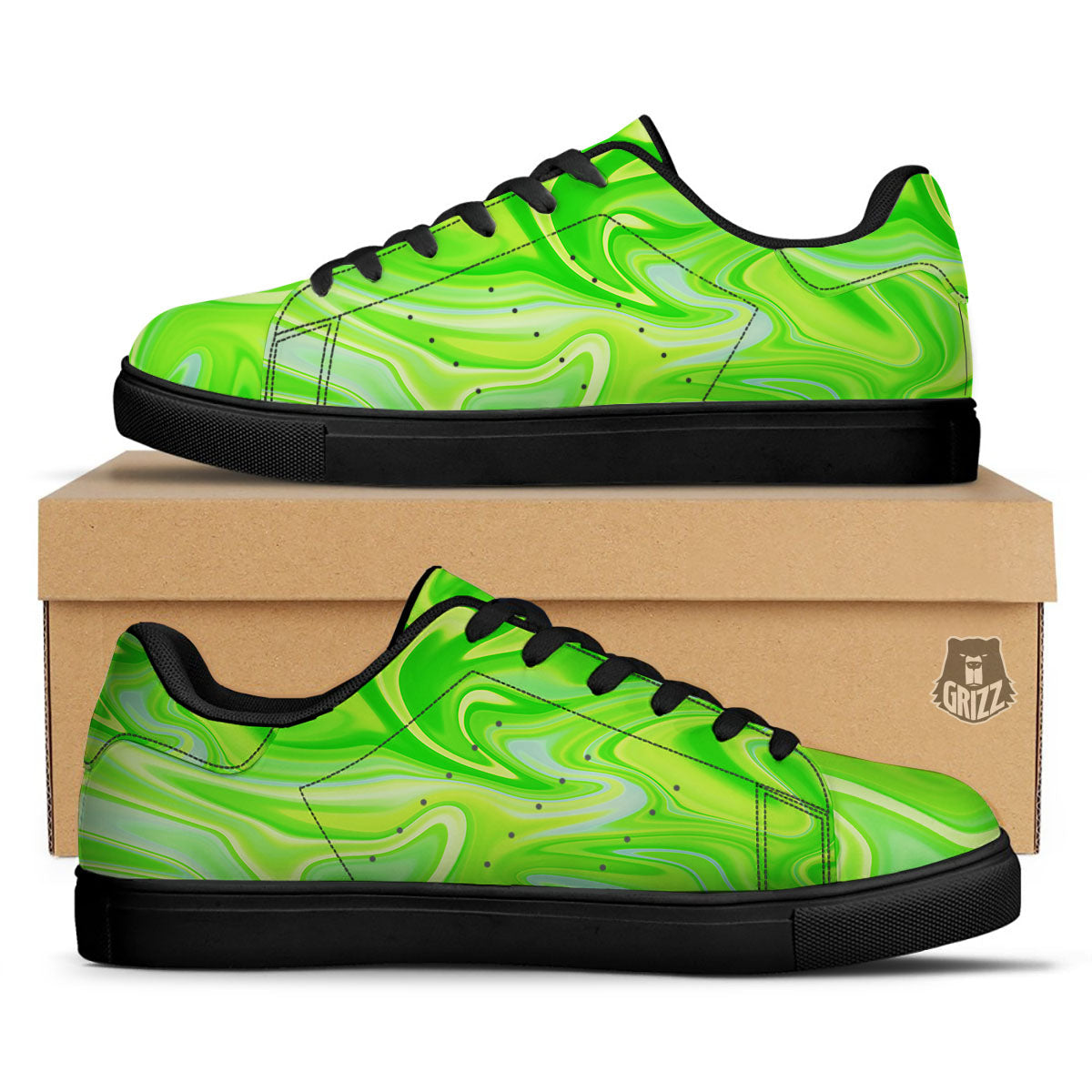 Melt Acid Green Print Black Low Top Sneakers-grizzshop