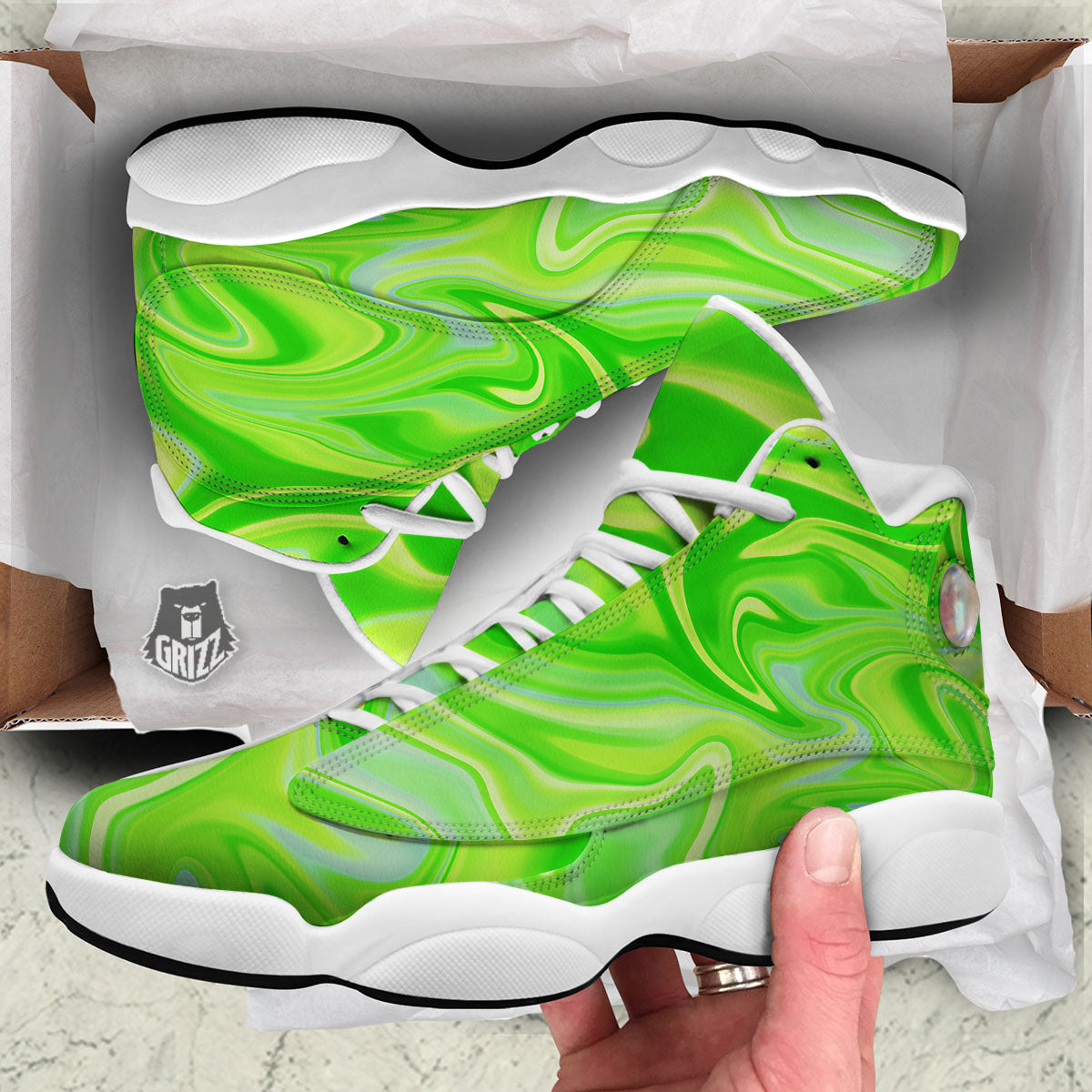 Melt Acid Green Print White Basketball Shoes-grizzshop