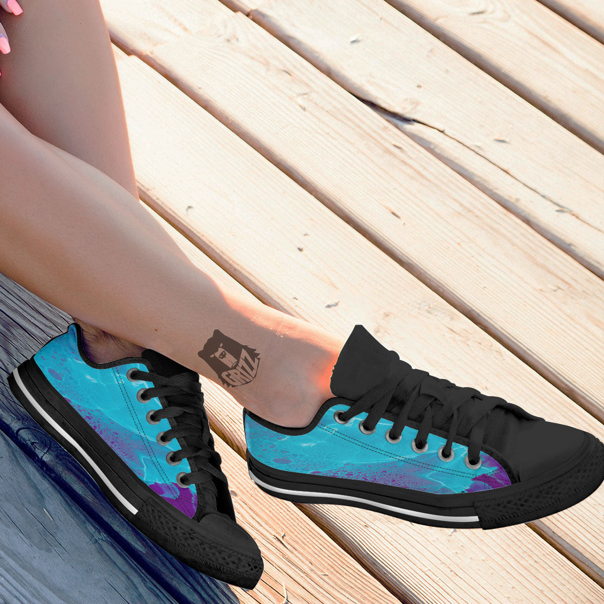 Melt Acid Turquoise Print Black Low Top Shoes-grizzshop