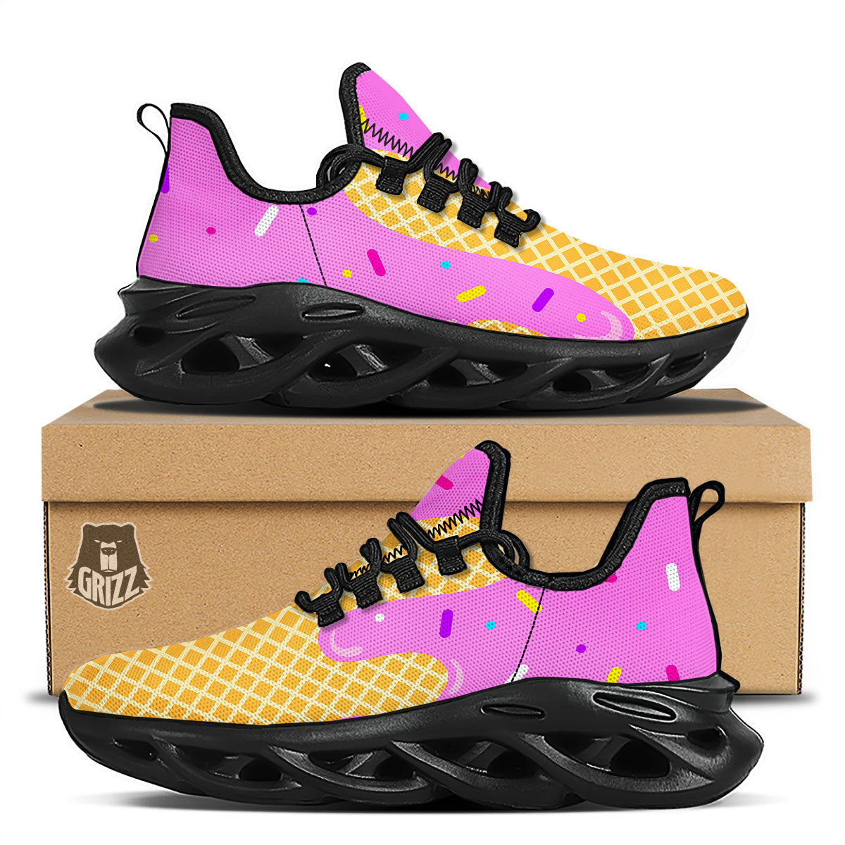 Melted Ice Cream Pink Print Black Running Shoes-grizzshop