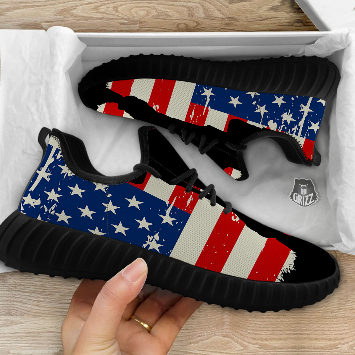 Memorial War American Flag Print Black Walking Shoes-grizzshop