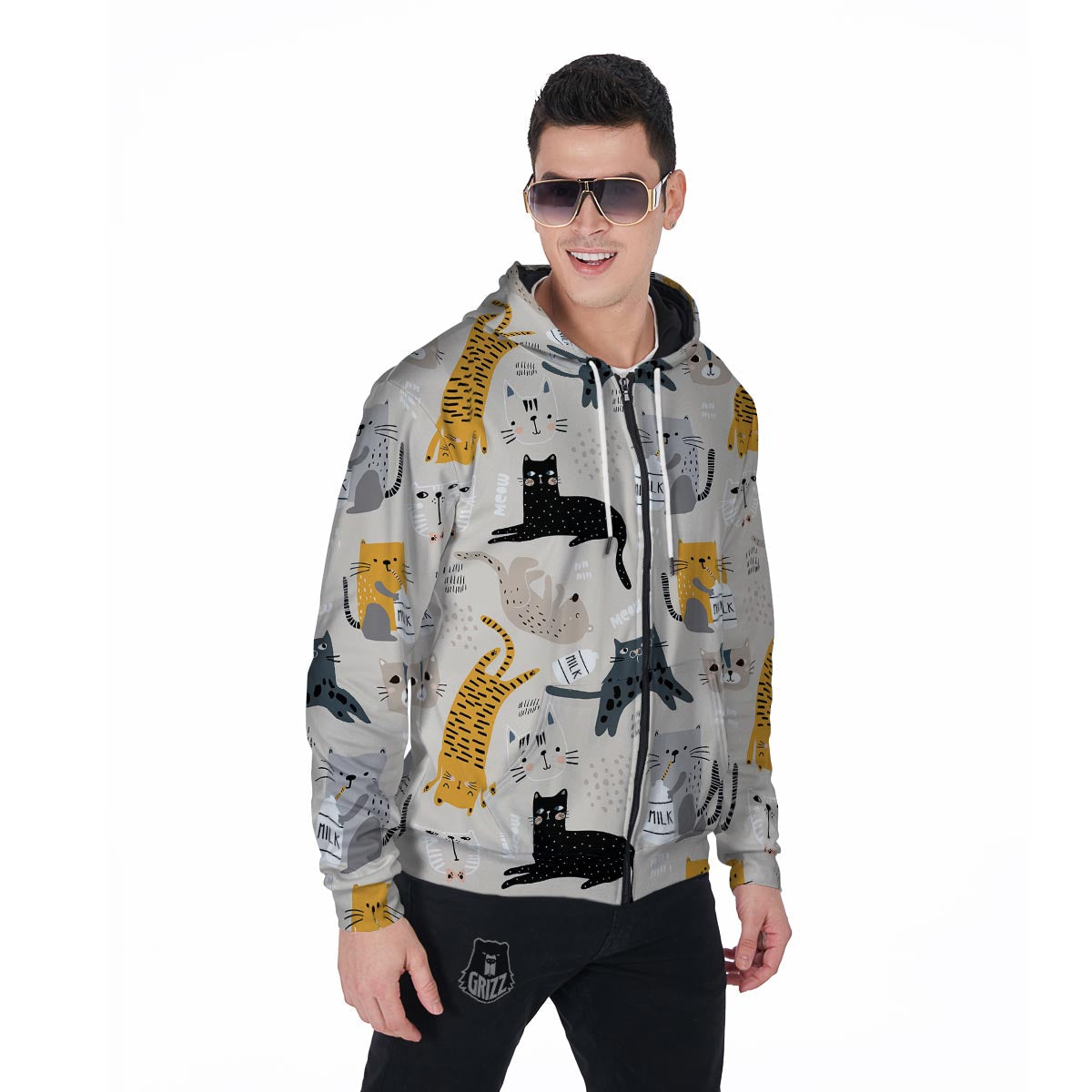 Meow Cat Print Men's Zip Up Hoodie-grizzshop